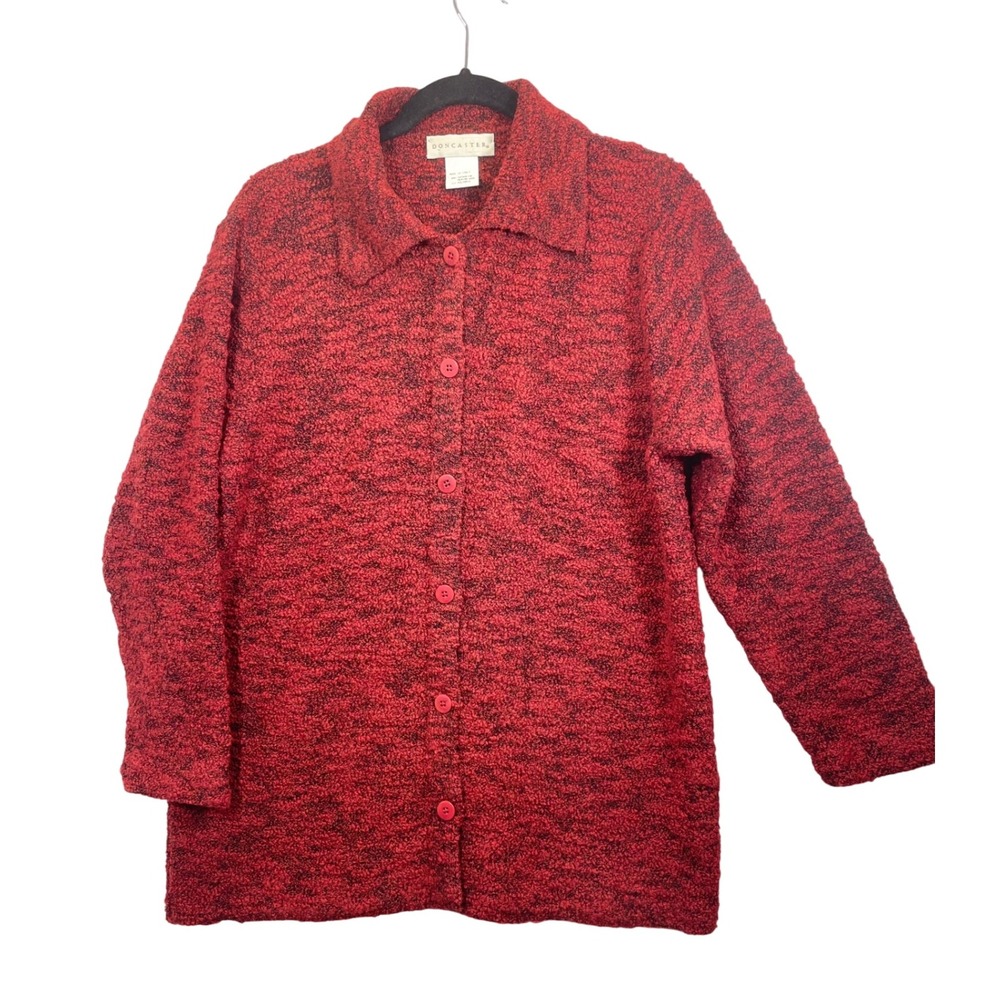 DONCASTER Women's Red Textured Merino Wool Blend Button Front Cardigan Sweater L